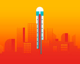 Hot day in the city with a thermometer placed like a building. Summer, heatwave in the city and high temperatures concept. Abstract city skylines. Vector illustration