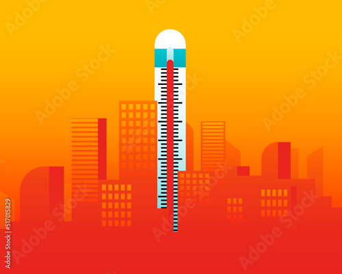Hot day in the city with a thermometer placed like a building. Summer, heatwave in the city and high temperatures concept. Abstract city skylines. Vector illustration