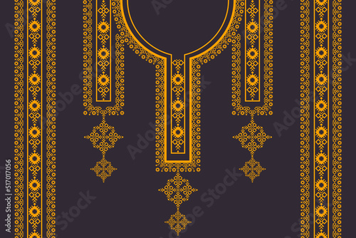 Vector ethnic neckline embroidery geometric pattern with border on black color background. Tribal art fashion for shirts.