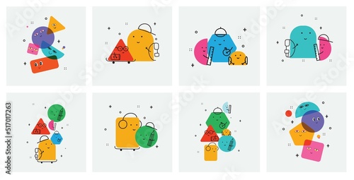 Collection of abstract comic Faces with various Emotions. Crazy Abstract comic geometric shape figures characters elements and faces. Vector Illustration