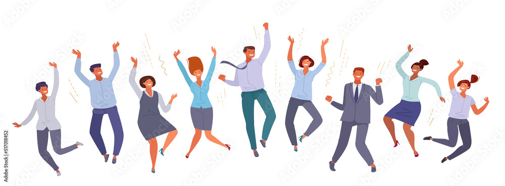 Teamwork success. Happy jumping business people in office clothes in cartoon flat style. Company concept vector