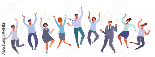 Teamwork success. Happy jumping business people in office clothes in cartoon flat style. Company concept vector
