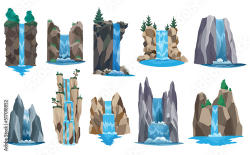 Waterfalls set. Cartoon landscapes with mountains and tree. River falls from cliff on white background. Picturesque tourist attraction with clear water