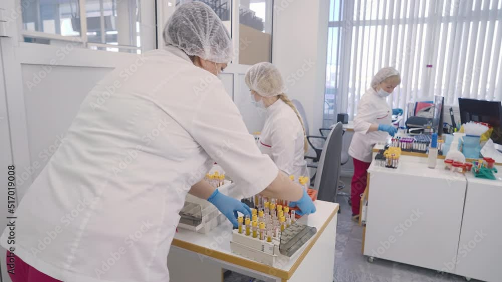 Do Test Lab Female workers arranging blood test tubes at the medical laboratory ...