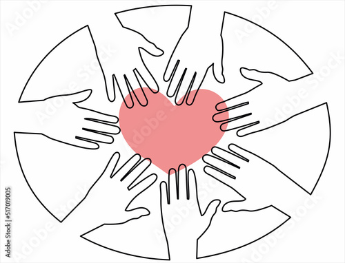 hands volunteering continuous one line drawing minimalism design isolated on white background, vector concept