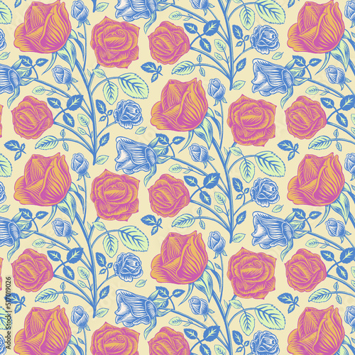 Seamless Vector Pattern with Vertical Repeat of Roses on Light Yellow Background