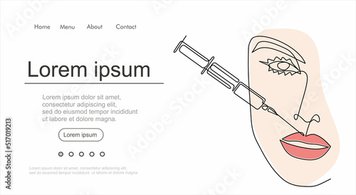 Continuous line beauty surgery concept. One line female portrait. One line syringe, lip filters