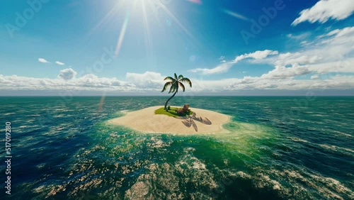 Paradise tropical desert island with palms and a deckchair. Concept of vacation or escape from work and urban life. Professional 4K 3D Animation.