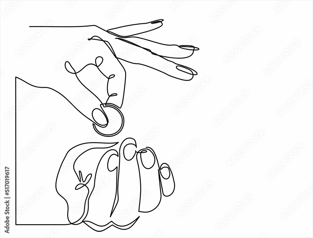 Continuous line drawing of hand giving money coin to give charity