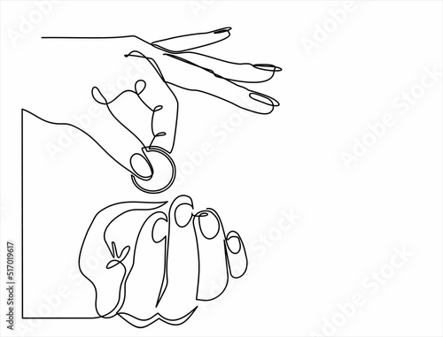 Continuous line drawing of hand giving money coin to give charity donate. Vector illustration