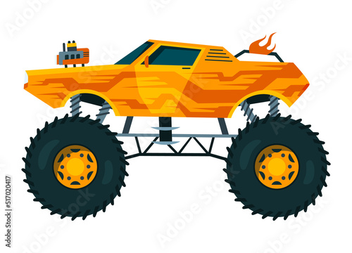 Monster truck. Bright colorful cartoon auto with big wheels. Heavy car with large tires and black tinted windows. Isolated rally 4x4 computer or mobile game