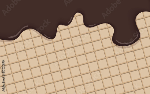 Realistic chocolate ice cream melted on vanilla cone background vector. Chocolate cream is melting on the wafer surface. A template for sweet menu or advertising commercial.