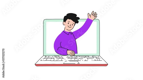 Man greets on the computer screen. Boy in laptop. Telecommuting concept. Remote employee communicates via the Internet, taking part in online negotiations, in business activities. Working from home. 