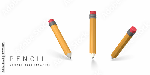Cute cartoon yellow 3d pencil. Wooden pencil for writing and drawing. Vector illustration