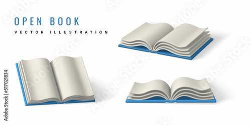 Cute cartoon open book. Realistic 3d book with shaddow on white background. Vector illustration
