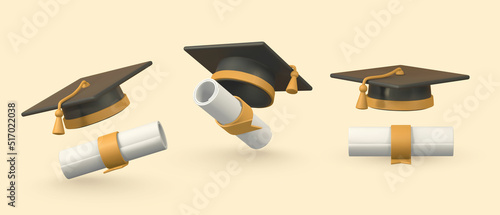 Cute cartoon graduation cap and diploma. Education, degree ceremony concept. Vector illustration