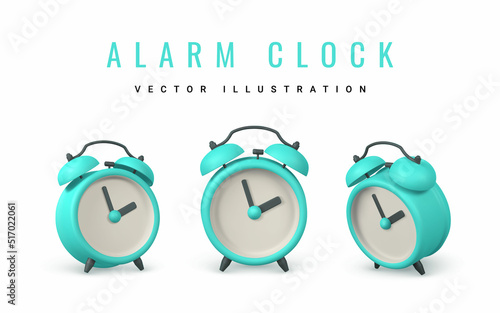 Cute cartoon alarm clock. 3d realistic table clock with shaddow. Vector illustration