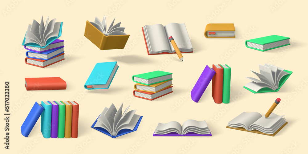 Set of 3d cute cartoon books. Realistic bookss with shaddow. Education and online class concept. Vector illustration Set of 3d cute cartoon books. Realistic bookss with shaddow. Education and online class concept. Vector illustration