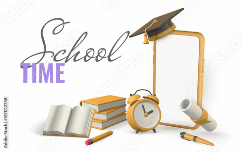 Online school concept. Phone with books, pencil, alarm clock, graduation cap and diploma. Vector illustration