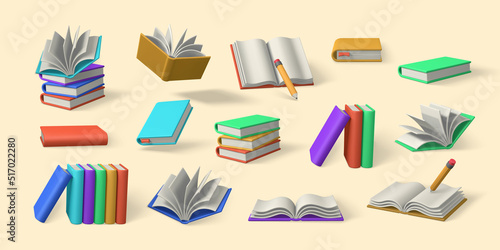 Set of 3d cute cartoon books. Realistic bookss with shaddow. Education and online class concept. Vector illustration