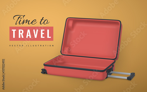 Time to travel promo banner design. 3D travel trolley bag. Realistic open plastic suitcase. Tourism symbol isolated on white background. Vector illustration