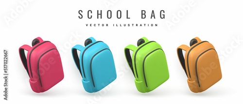 Set of cute cartoon backpacks. 3d realistic school bags. Back to school concept. Vector illustration