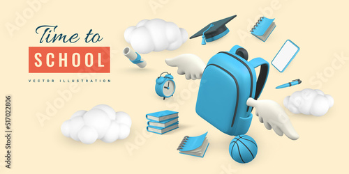 Time to school promo banner design. 3d realistic school bag with wings, book, pencil, alarm clock, graduation cap and diploma. Vector illustration