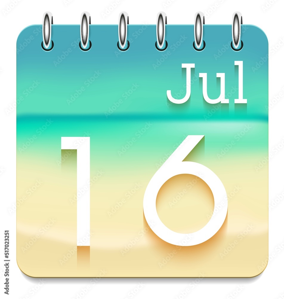 16 day of the month. July. Marine view calendar daily icon. Date day week Sunday, Monday, Tuesday, Wednesday, Thursday, Friday, Saturday. White text. Sea background. Sea coast picture. 16 day of the month. July. Marine view calendar daily icon. Date day week Sunday, Monday, Tuesday, Wednesday, Thursday, Friday, Saturday. White text. Sea background. Sea coast picture.