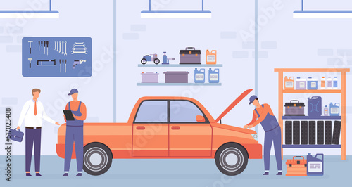 Car repair workshop. Male character coming to station to fix vehicle. Mechanic worker in uniform opening hood