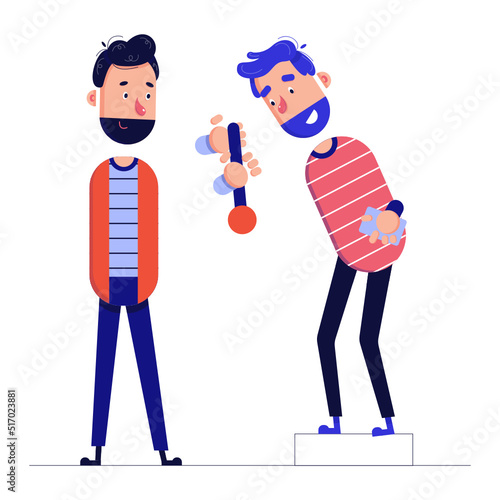 man hands a colleague a microphone