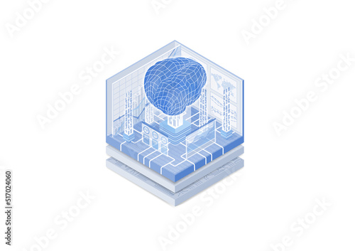 Artificial Intelligence AI concept. Isometric vector illustration of digital brain representing a deep neural network. Blue and white web banner. 