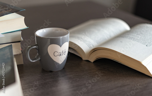 Place of study or reading warmly at home having a cup of coffee