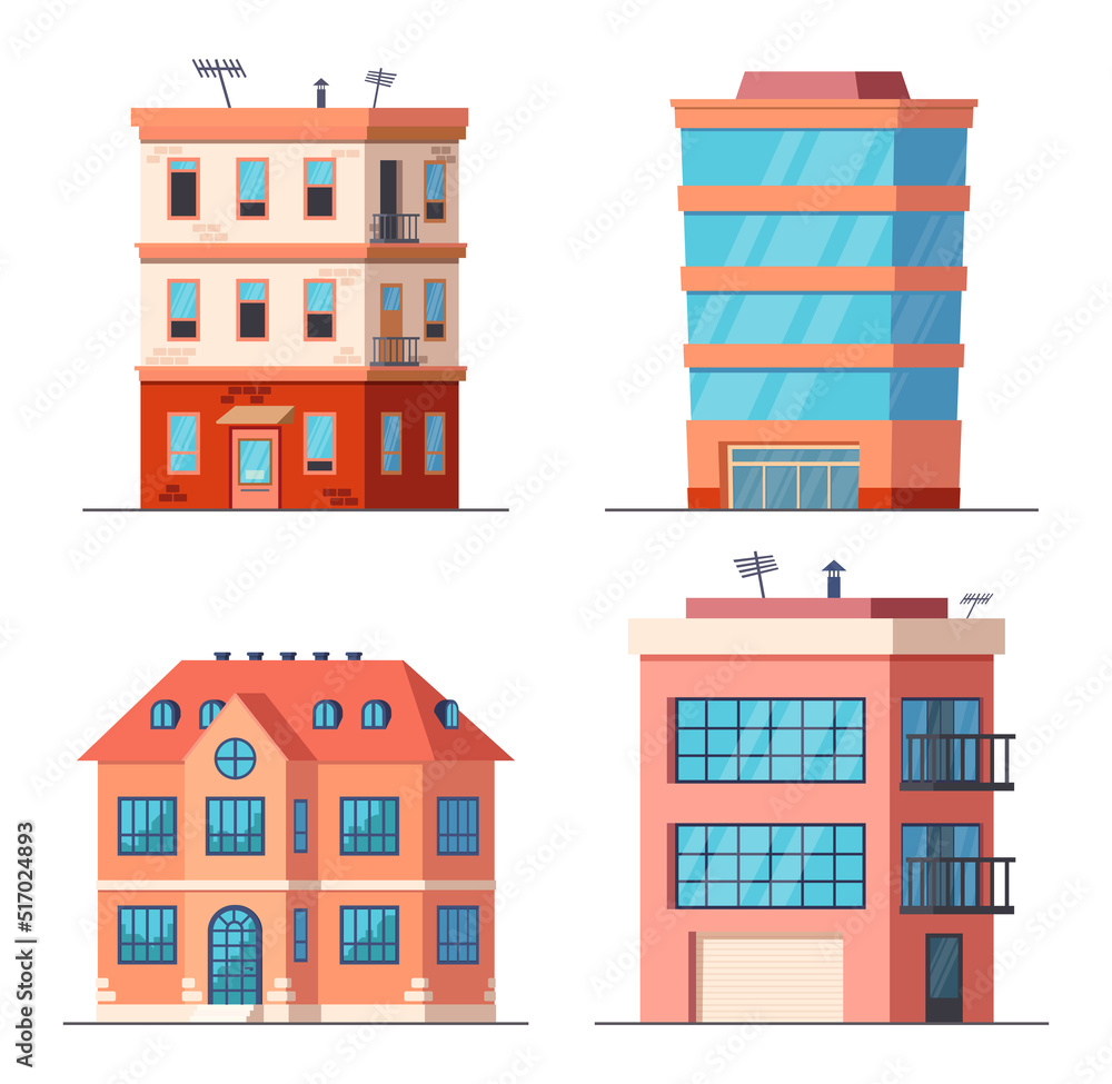 Cartoon office city buildings. House or real estate for business or living. Modern town property exterior