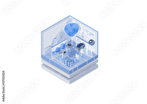 Artificial Intelligence AI concept. Isometric vector illustration of digital brain representing a deep neural network. Blue and white web banner. 