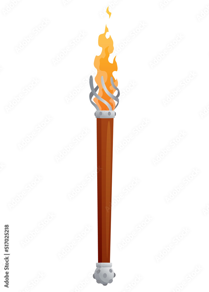Medieval torch with burning fire. Ancient realistic wooden torch with