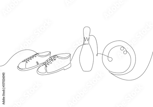 Bowling set with ball, skittles and sport shoes one line art. Continuous line drawing of entertainment, sport, pin, hobby, tournament, game, activity, competitive, leisure, strike, professional play