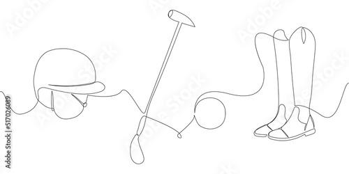 Horse polo set with hammer mallet, ball, helmet and boots one line art. Continuous line drawing horseback riding, sport, equestrian, horse, rider, horseman, activity, tool, equipment, game, training.