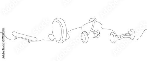 Unicycle, monowheel, gyroscooter, skate one line art. Continuous line drawing of sport, transportation, speed, balance, electric, motion, hobby, mobile, teenager, hipster activity wheel hoverboard