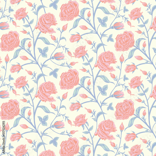 Wallpaper Mural Seamless Vector Pattern with Pink Roses on Light Beige Background Torontodigital.ca