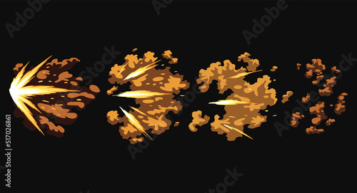 Gun flashes or gunshot animation. Collection of fire explosion effect during the shot with the gun. Cartoon flash effect of bullet starts. Shotgun fire, muzzle flash and explode photo