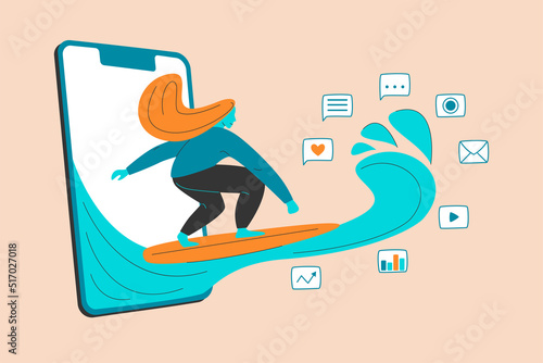 Girl surfing through internet. Big wave from mobile phone. Multitasking woman online concept. Businesswoman maneuvers in modern business world. Self discipline information space.