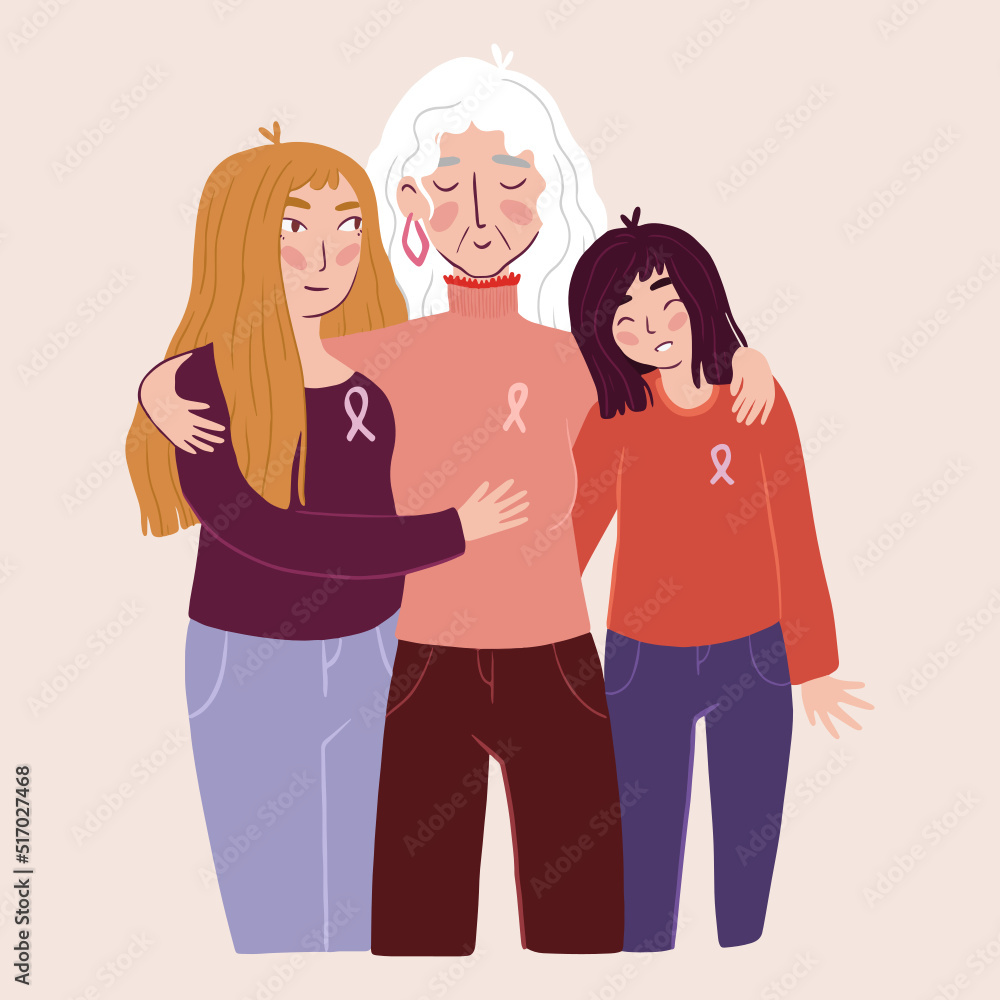 Breast cancer awareness month women group, grandmother, mother and daughter with pink support ribbon concept, cartoon character for disease prevention campaign, flat vector illustration Breast cancer awareness month women group, grandmother, mother and daughter with pink support ribbon concept, cartoon character for disease prevention campaign, flat vector illustration