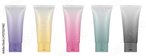 Set of multicolored gradient tubes. 3d mockup. Rainbow palette. Purple, black, green, yellow and red colors. Hand cream, mask or lotion. Professional shampoo. Plastic bottle.