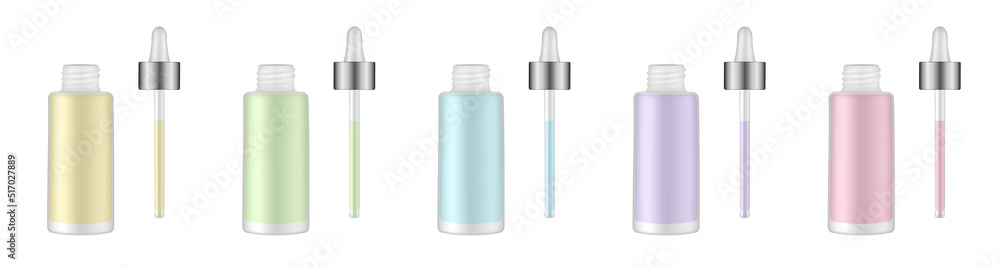 Set of serum bottles with pipette. Dropper. Glass container. Yellow, green, blue, purple and pink transparent liquid. Serum, essence or perfume. Vape e-liquid Set of serum bottles with pipette. Dropper. Glass container. Yellow, green, blue, purple and pink transparent liquid. Serum, essence or perfume. Vape e-liquid