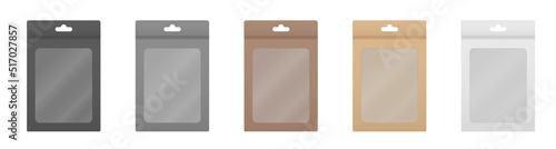 Set of paper packaging boxes with transparent window and hanging hole. Blank product package mockup. White, gray, black, beige and brown packs.