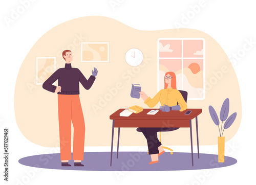 Disabled people teamwork. Woman and man colleagues having arm prosthesis working in office. Employee giving book