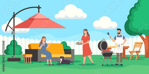 Family party with barbecue. Man grilling sausages outdoor. Wife serving dinner to female friend. Girl relaxing