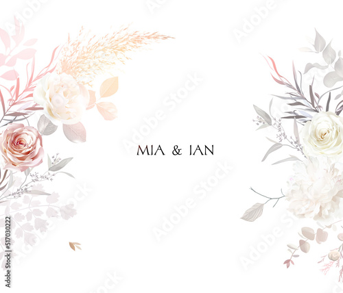 Modern beige and blush trendy vector design frame. Pastel dried pampas grass