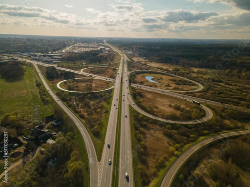 Bird's eye view of clover leaf transport intersection in Kaunas, Lithuania