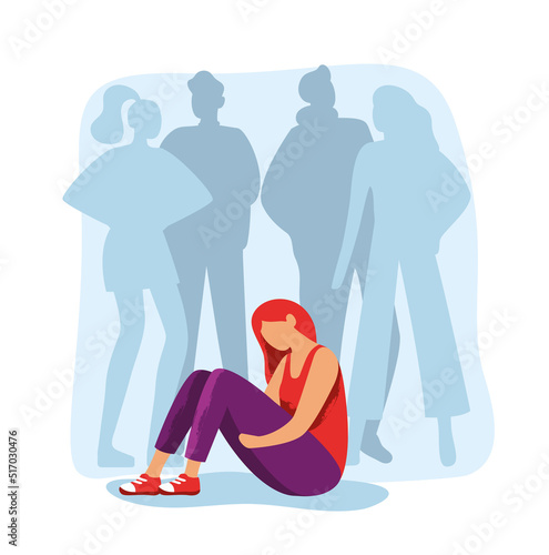 Feeling lonely, sad depressive person. Woman in depression sitting on floor among friends silhouettes
